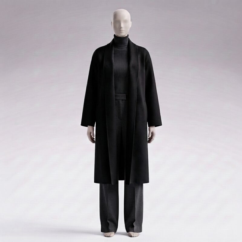 Black Kensington longline wool-cashmere coat, front view